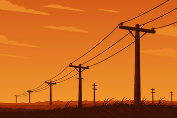 Minimalist vector illustration of rural power lines at sunset, featuring a warm orange sky and silhouetted utility poles stretching across a peaceful countryside landscape