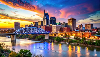 Fototapeta premium Breathtaking Nashville Skyline at Sunset over River and Bridge