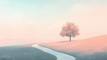 Serene pastel landscape depicting a pathway and a tranquil tree on a gentle slope
