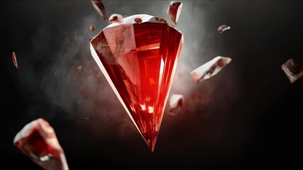 Red gemstone splitting with fragments floating in the air against a dark hazy backdrop, rendered in 3D graphics - Powered by Adobe