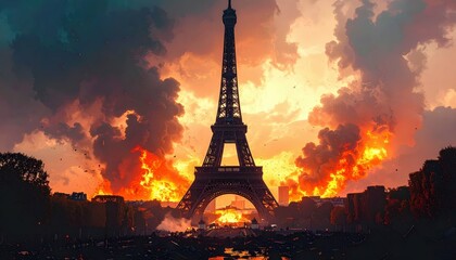 Tragic Scene of a Destroyed Landmark in Paris with Fiery Background