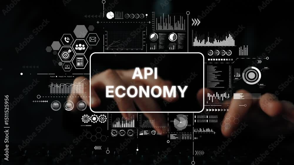 Poster hands typing on keyboard with api economy concept and digital graphics displaying financial data and