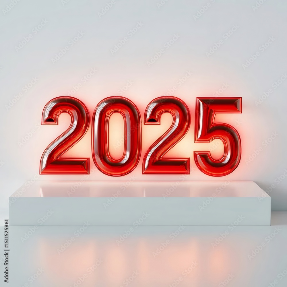 Aufkleber 2025年の赤色の数字バルーンが白い台座に配置され背景に光を放つ新年のコンセプト