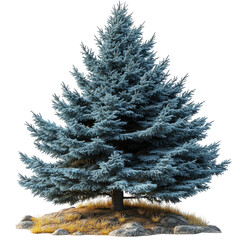 Isolated fir tree, evergreen with detailed needles on a small patch of ground