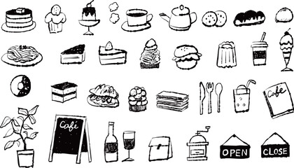 カフェの手描きイラストのセット