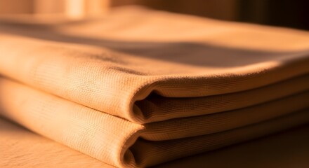Soft Organic Cotton Fabric Folded Neatly in Warm  orange Sunlight 