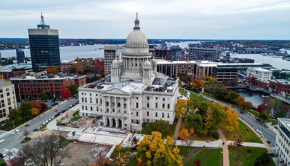 Obraz premium Aerial View of Rhode Island State House with Fall Colors in Providence