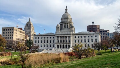 Obraz premium Historic Providence Capitol Building Amidst Urban Landscape in Fall