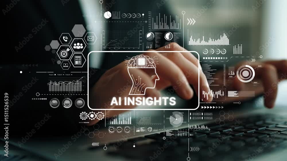 Poster professional using keyboard with ai insights and data analysis graphics in modern office environment