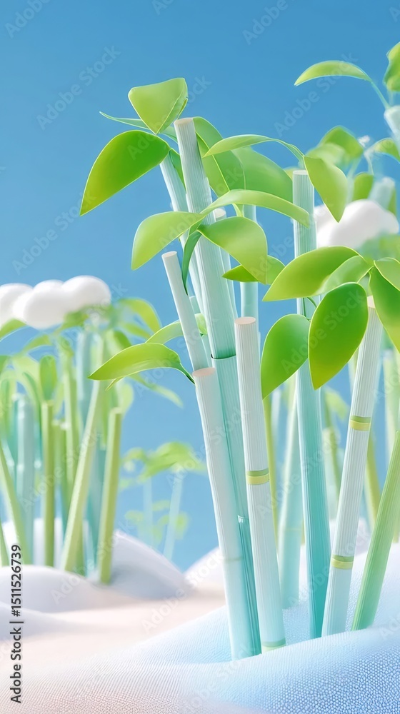 Poster 水色の背景に生い茂る竹の垂直クローズアップ 葉と若い芽が自然の美しさを表現