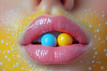 Obraz premium Person's mouth with candy inside, close-up shot.