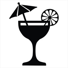 Black silhouette vector of a cocktail glass with umbrella and lime slice garnish