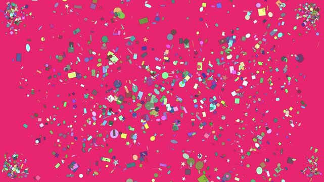 Festive explosion of colorful symbols and confetti of various random sizes and shapes emerges from all corners of the video screen