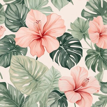 Tropical Watercolor Pattern: Seamless Leaves & Flowers (Pastel)