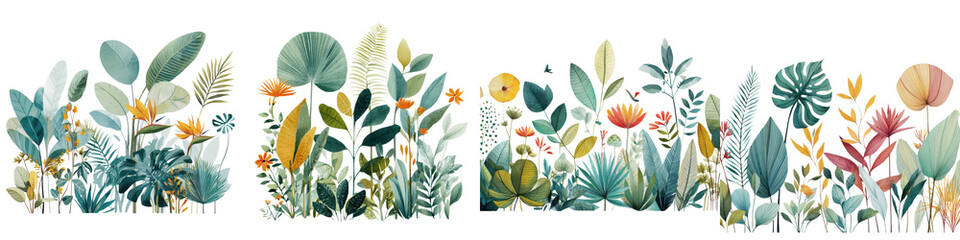 Obraz premium Vibrant tropical foliage in lush greens, yellows, and reds, featuring exotic plants and flowers, perfect for colorful designs, backgrounds, or decoration