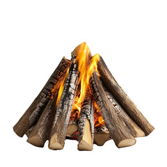 Burning logs arranged in a teepee shape with bright flames rising from the center.