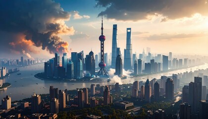 Obraz premium Devastation of Shanghai: A Tragic Look at Urban Collapse and Resilience