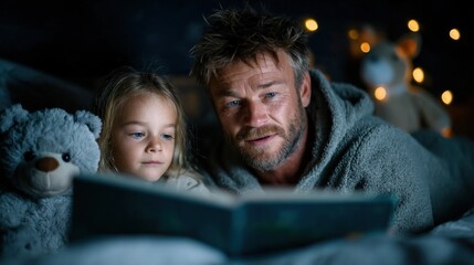 father and daughter sit close together, wrapped in a warm blanket, as they read a storybook in a softly illuminated room, surrounded by stuffed animals and gentle lights
