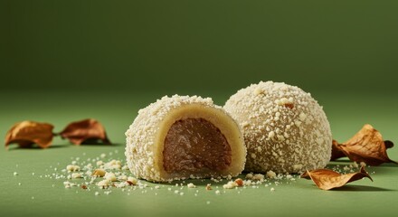 Delicious dessert featuring sweet Japanese rice cake with a rich chocolate filling, beautifully arranged against a soft green background