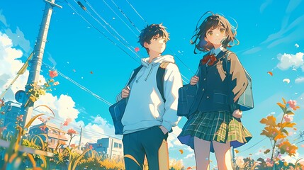 Anime illustration of young boy and girl, casual and school attire, clear blue sky, utility pole