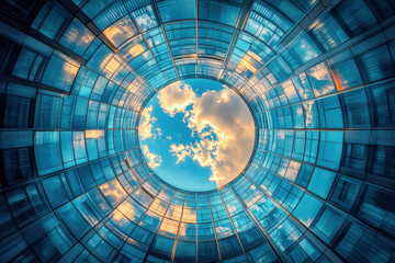 A glass dome revealing a clear blue sky.