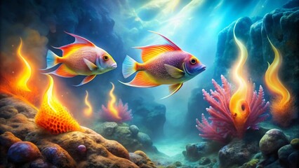 Enchanted Underwater Realm Two Vibrant Fish Swim Amidst Luminescent Coral and Ethereal Flames in a Mystical Ocean Depths Scene