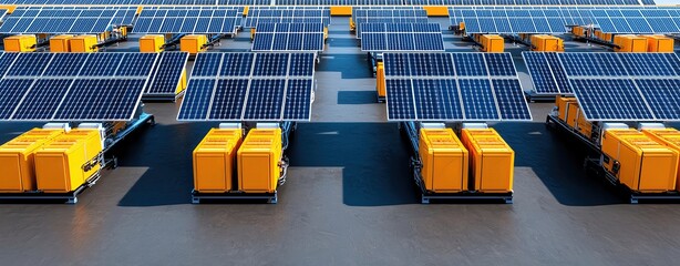 renewable energy power plant aerial highlighting hybrid system with battery storage units and renewable generators, technical layout with cinematic top light