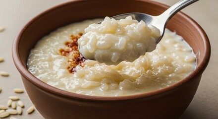 Creamy Rice Pudding with a Spoon, Comforting Dessert in a Rustic Bowl, Soft Texture, Sweet Treat, Delicious Homemade Recipe