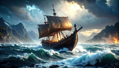 Dramatic Viking Longship Navigating Stormy Seas During Tragic Times