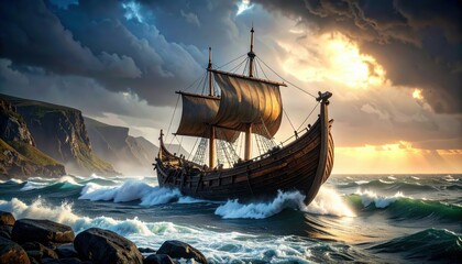 Obraz premium Dramatic Viking Longship Battling Stormy Seas at Sunset