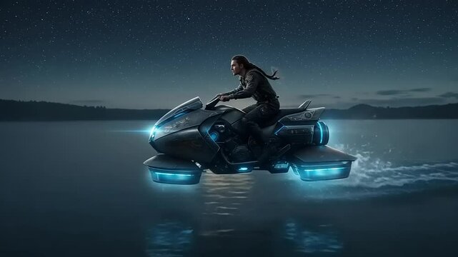 Futuristic rider on a sleek hovercraft gliding across a serene lake under a starry night sky