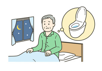睡眠中に尿意を覚えストレスを感じる夜間頻尿に悩む高齢男性のイラスト