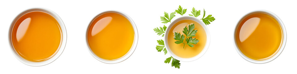 Delicious assortment of vibrant oils displayed in small bowls, featuring natural colors, garnished with fresh parsley, ideal for culinary themes, cooking tutorials, and food presentations