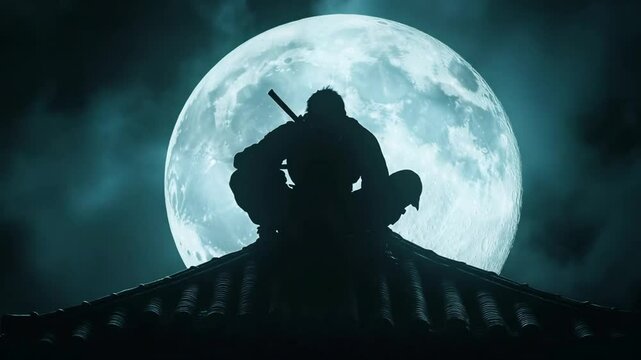 Silent Guardian: A Ninja's Silhouette Against the Moonlit Sky in Mysterious Night