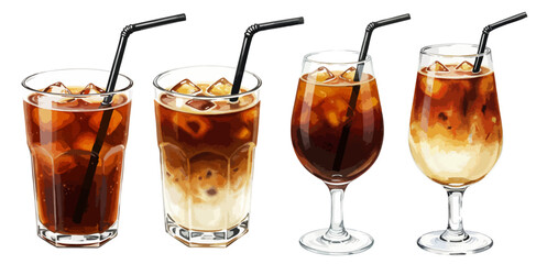 アイスコーヒーとミルクのストローと氷の入ったグラスの水彩風手書きイラスト カフェオレ 喫茶店のドリンク