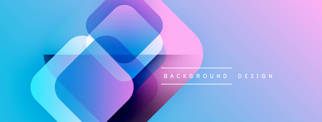 Abstract geometric shapes overlap, creating vibrant blue, purple gradients. Modern design suitable for backgrounds, presentations.
