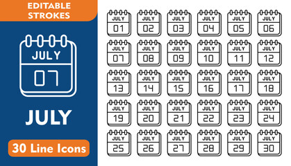 July Line Icon Set. Incleded Icons 1  July, 2  July, 3  July, 4  July, 5  July, 6  July, 7 July. Vector Icons Collection