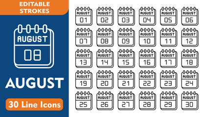 August Line Icon Set. Incleded Icons 1  August, 2  August, 3  August, 4  August, 5  August, 6  August, 7 August. Vector Icons Collection