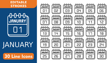 January Line Icon Set. Incleded Icons 1  January, 2  January, 3  January, 4  January, 5  January, 6  January, 7  January. Vector Icons Collection