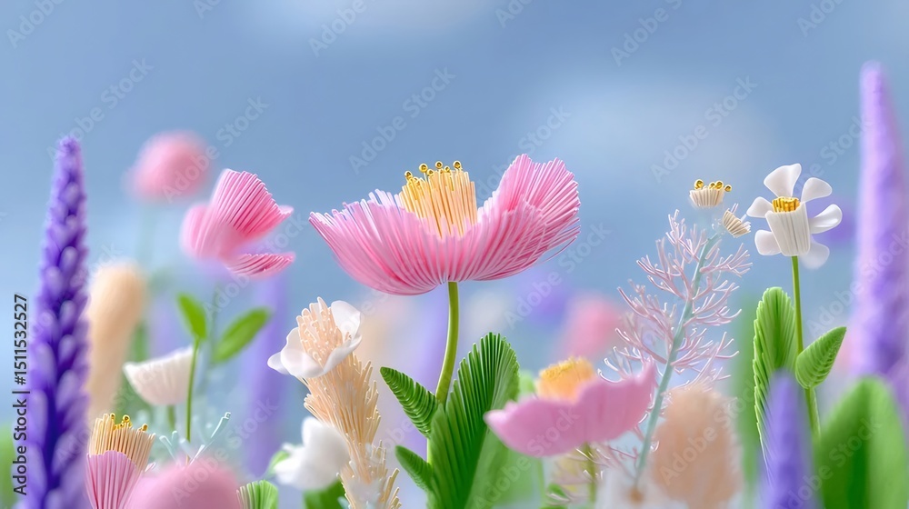Aufkleber パステルピンクの花が咲き誇る春の風景 空色の背景に多様な草花が咲き乱れる 美しい自然の光と色彩が調和したイメージ