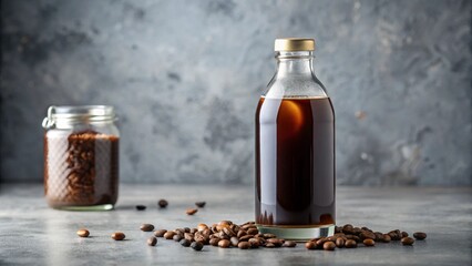 Cold brew coffee in glass bottle surrounded by roasted coffee beans with concrete background