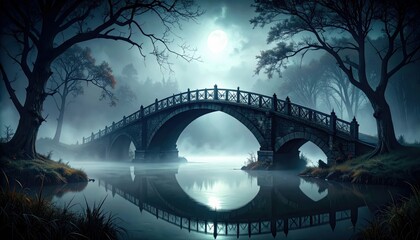 Obraz premium Mysterious Dark Bridge Surrounded by Fog on Isolated Waterway