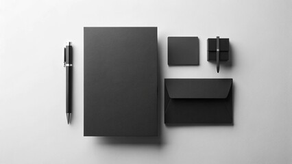 Elegant black corporate branding mockup with pen, notepad, and stationery on white background