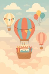 Whimsical Birthday Hot Air Balloons Illustration with Cake and Gifts in Pastel Sky – Flat Design for Kids Party, Greeting Cards, and Celebration Themes