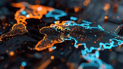 Futuristic world map made of light particles on a circuit board texture, representing global connectivity and cryptocurrency systems.