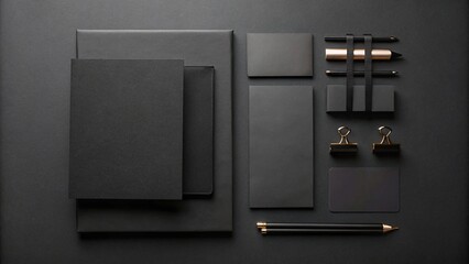 Elegant black stationery mockup featuring notebooks, pens, business cards, and clips on a dark background