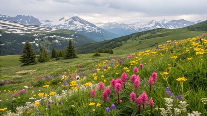 Alpine Wildflower Meadow Landscape Mountain Range and Blooming Flowers, Landscape Photography, Nature Wildflowers, Mountain Scenery