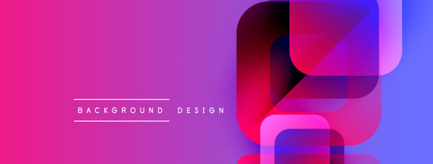 Vibrant gradient background features overlapping geometric shapes. Pink, purple, blue hues create modern aesthetic. Minimalist design elements present.