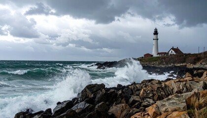 Isolated Haunted Lighthouse on Rocky Coast with Stormy Skies and Waves