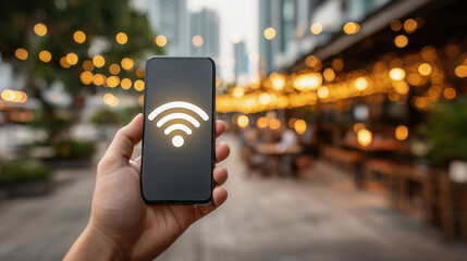 A hand holds a smartphone displaying a Wi-Fi symbol, with a blurred city street and warm bokeh lights in the background.